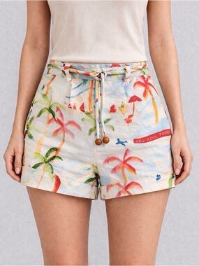 Farm Rio Copacabana Linen Shorts Tropical High Rise White Size Large